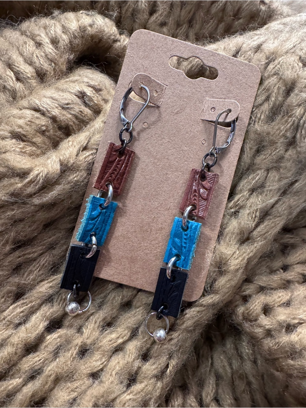 Handmade Brown, Turquoise & Black Leather Drop Earrings
